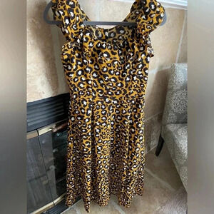 𝅺WHO What Wear Womens Ruffle Midi Leopard Cheetah Animal Print Dress XS